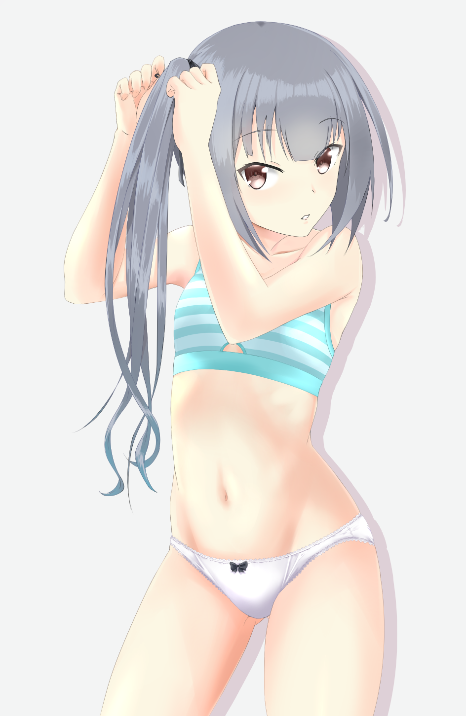 adjusting_hair ass_visible_through_thighs bangs bow bow_panties bra breasts brown_eyes commentary_request cowboy_shot eyebrows_visible_through_hair green_bra grey_background grey_hair hair_ribbon highres kantai_collection kasumi_(kantai_collection) kumatama_tkm lace lace-trimmed_panties long_hair looking_at_viewer panties parted_lips ribbon side_ponytail silver_hair small_breasts solo striped striped_bra training_bra underwear underwear_only white_panties