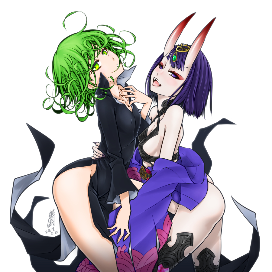 antaria arched_back ass bangs bare_shoulders black_dress blush breasts collarbone commentary_request covered_nipples crossover curly_hair dress fate/grand_order fate_(series) fingernails green_eyes green_hair horns japanese_clothes jewelry kimono long_fingernails looking_at_viewer multiple_girls nail_polish no_panties off_shoulder one-punch_man oni oni_horns open_clothes open_kimono purple_eyes purple_hair purple_kimono purple_nails revealing_clothes seiyuu_connection sharp_fingernails short_hair shuten_douji_(fate/grand_order) sideboob simple_background small_breasts smile tatsumaki white_background yuri yuuki_aoi