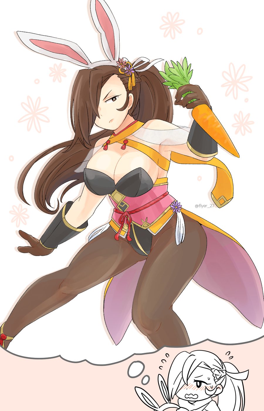 alternate_costume animal_ears black_hair blush breasts bunny_ears carrot cleavage fake_animal_ears fire_emblem fire_emblem_heroes fire_emblem_if flyer_27 gloves hair_over_one_eye highres imagining kagerou_(fire_emblem_if) large_breasts long_hair open_mouth pantyhose ponytail solo
