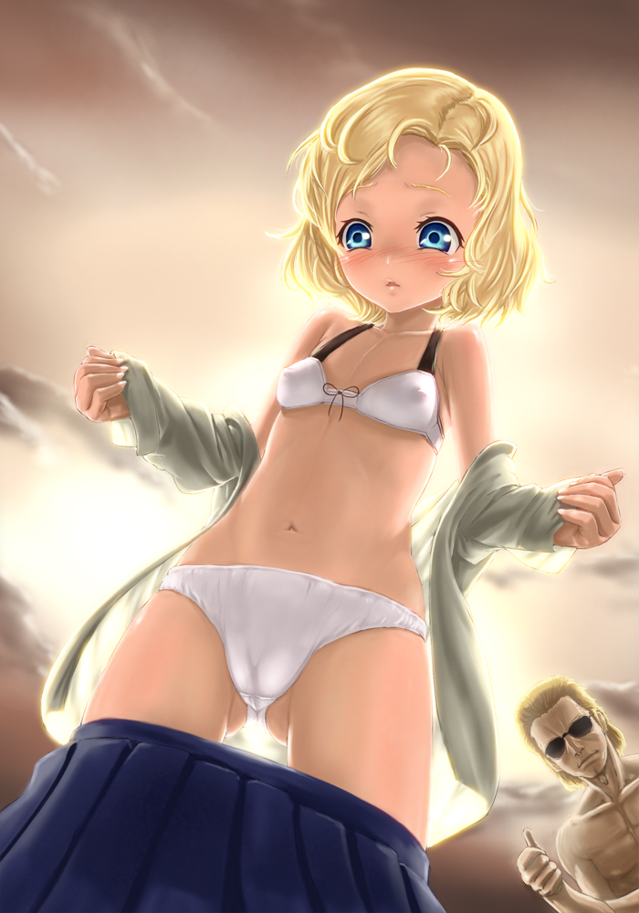 1girl backlighting blonde_hair blue_eyes blue_skirt blush bow bow_bra bow_panties bra breasts cameltoe cloud cloudy_sky covered_nipples cowboy_shot crotch_seam day kazuhira_miller kusakabe_makoto long_sleeves looking_at_viewer metal_gear_(series) metal_gear_solid metal_gear_solid_peace_walker miniskirt off_shoulder open_clothes open_shirt outdoors panties parted_lips paz_ortega_andrade pleated_skirt shirt short_hair skirt skirt_pull sky small_breasts solo_focus standing sunglasses underwear undressing white_bra white_panties white_shirt