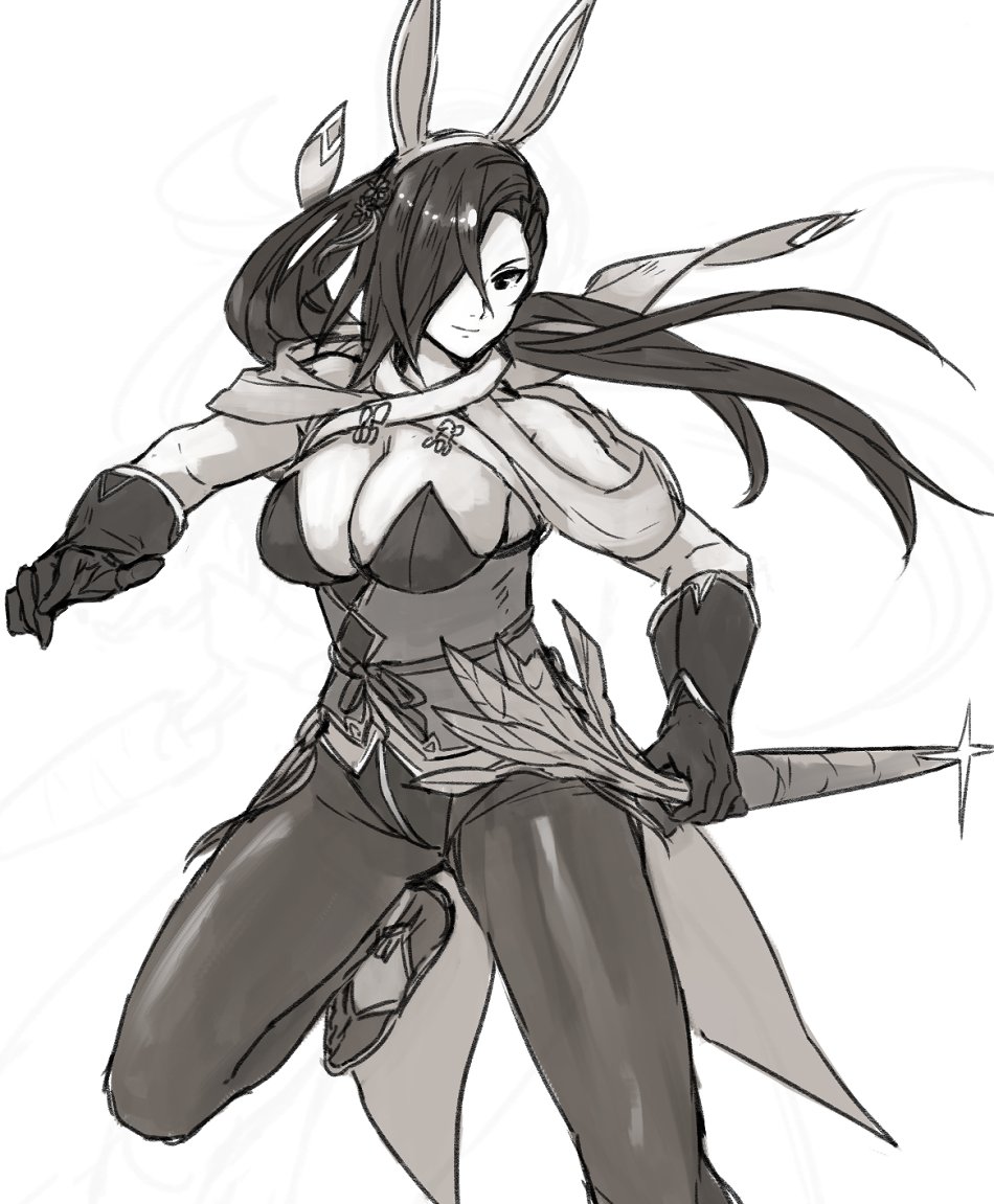 alternate_costume animal_ears breasts bunny_ears carrot cleavage fake_animal_ears fire_emblem fire_emblem_heroes fire_emblem_if gloves greyscale hair_over_one_eye kagerou_(fire_emblem_if) kamu_(kamuuei) large_breasts leotard long_hair monochrome pantyhose simple_background solo white_background