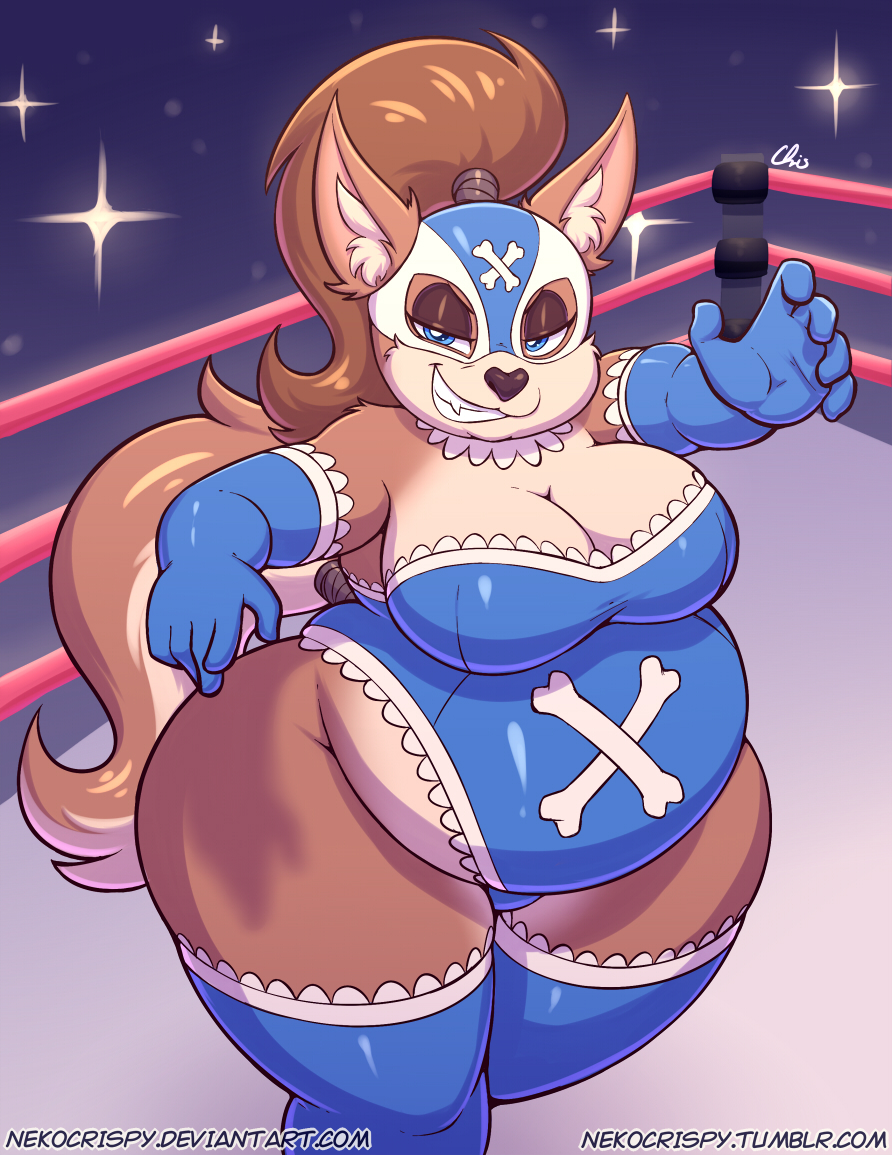anthro armwear belly big_belly big_breasts blue_eyes breasts brown_fur brown_hair canine cleavage clothed clothing dog elbow_gloves eyelashes fangs female fighting_ring fur gloves grin hair half-closed_eyes legwear mammal mary_blissany mask nekocrispy overweight overweight_female ponytail smile thick_thighs thigh_highs wide_hips wrestling