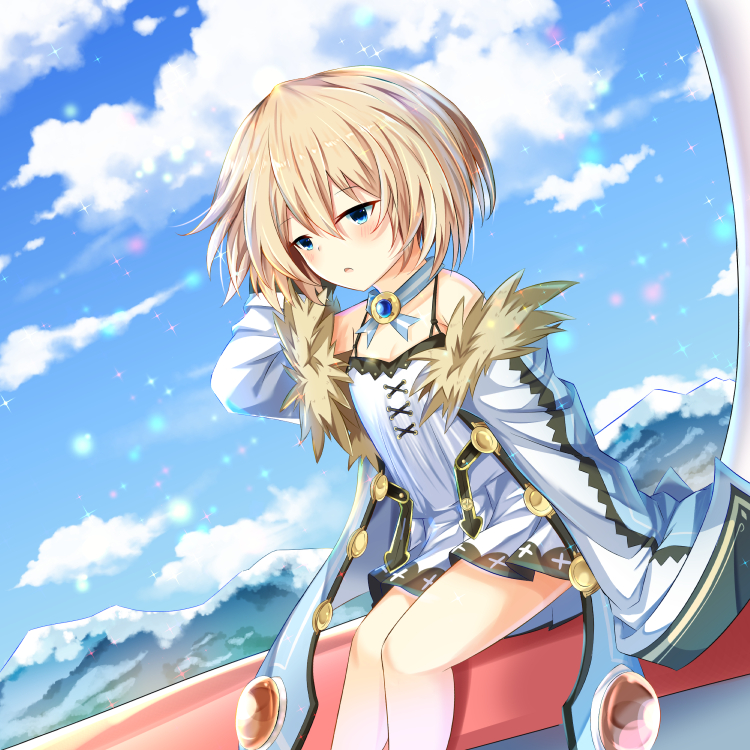 bare_shoulders blanc blue_eyes blue_sky blush brown_hair cloud cloudy_sky day eyebrows_visible_through_hair fur_trim looking_at_viewer mountain neptune_(series) outdoors ray_726 short_hair sky snow