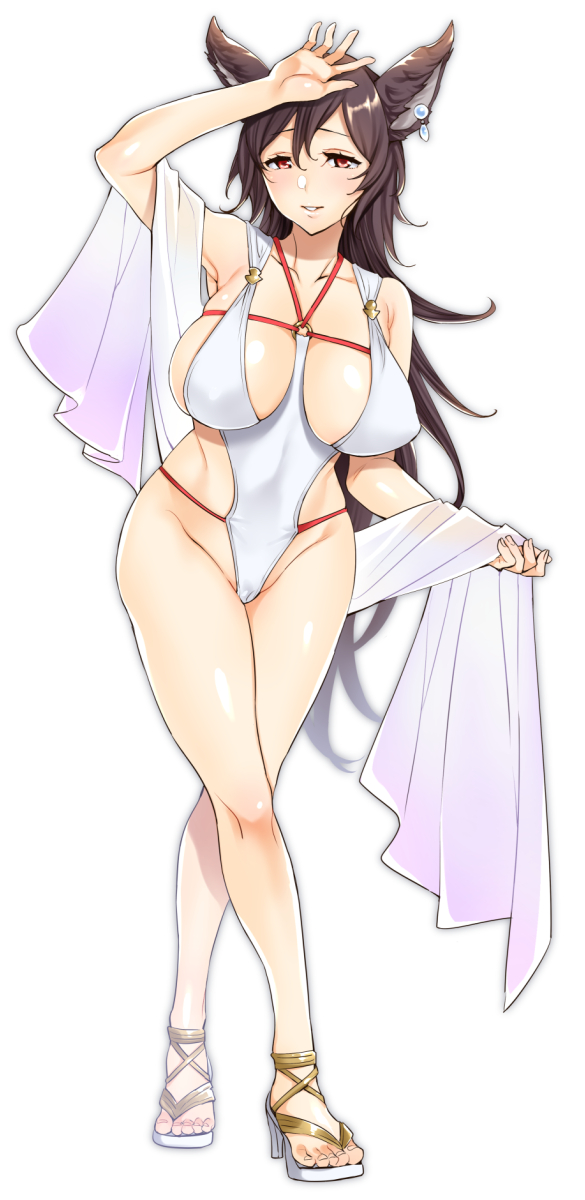 animal_ears arm_up bare_shoulders black_hair blush breasts collarbone commentary_request earrings emua erune granblue_fantasy hair_between_eyes high_heels highleg highleg_swimsuit highres hips ilsa_(granblue_fantasy) jewelry large_breasts legs long_hair o-ring one-piece_swimsuit red_eyes sandals sash simple_background smile solo swimsuit thighs white_background