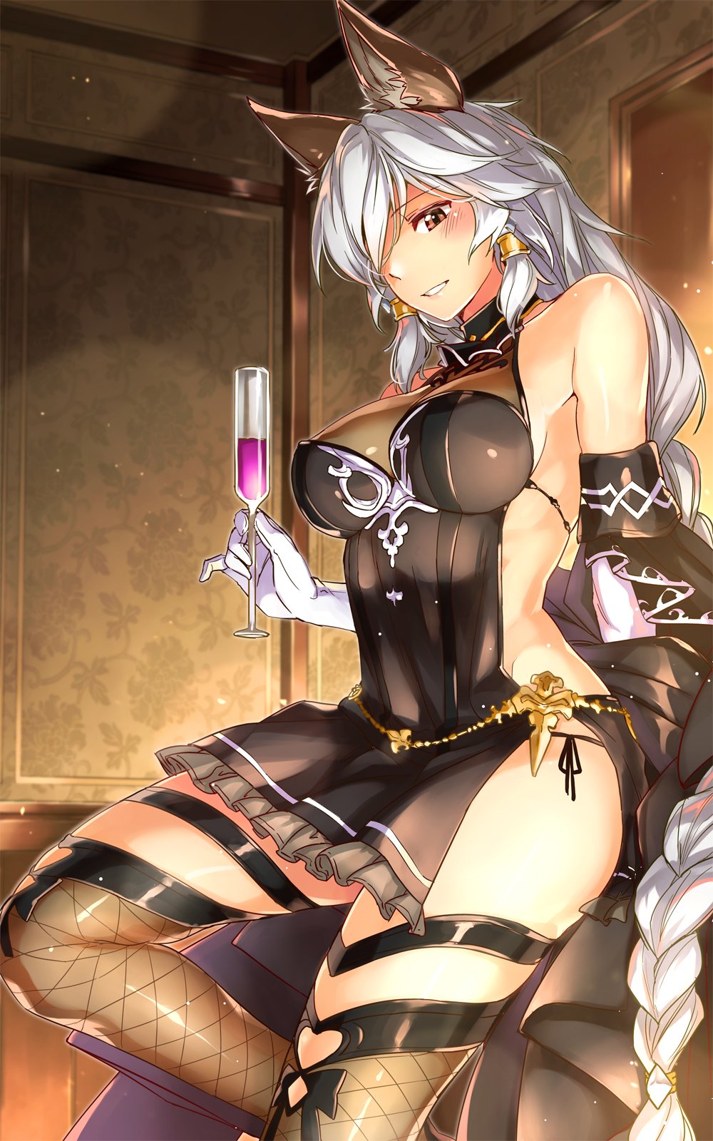 abo_(hechouchou) animal_ears backless_outfit bangs bare_shoulders black_dress black_legwear blush braid breasts brown_eyes chain commentary_request cup dress drinking_glass elbow_gloves erune eyebrows_visible_through_hair fishnet_legwear fishnets gloves granblue_fantasy hair_tubes halterneck heles highres hips holding indoors large_breasts long_hair looking_at_viewer protected_link side_slit silver_hair single_braid smile solo thighhighs thighs very_long_hair white_gloves