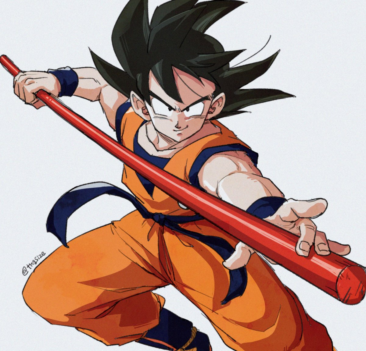 1boy black_eyes black_hair boots commentary_request dougi dragon_ball dragonball_z fighting_stance fingernails grey_background image_sample looking_at_viewer male_focus nyoibo shaded_face short_hair simple_background smile son_gokuu spiked_hair tkgsize twitter_sample twitter_username wristband