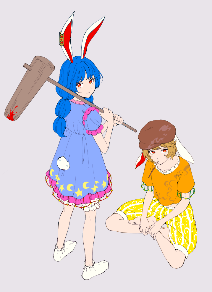 aimai-me ambiguous_red_liquid animal_ears bangs blonde_hair blue_dress blue_hair bunny_ears bunny_tail crescent dress ear_clip eating eyebrows_visible_through_hair flat_cap floppy_ears frilled_dress frills hat indian_style long_hair looking_at_viewer mallet moon_rabbit multi-tied_hair multiple_girls orange_shirt pants puffy_short_sleeves puffy_sleeves red_eyes ringo_(touhou) seiran_(touhou) shirt short_hair short_sleeves shorts simple_background sitting smile socks star tail touhou twintails yellow_pants