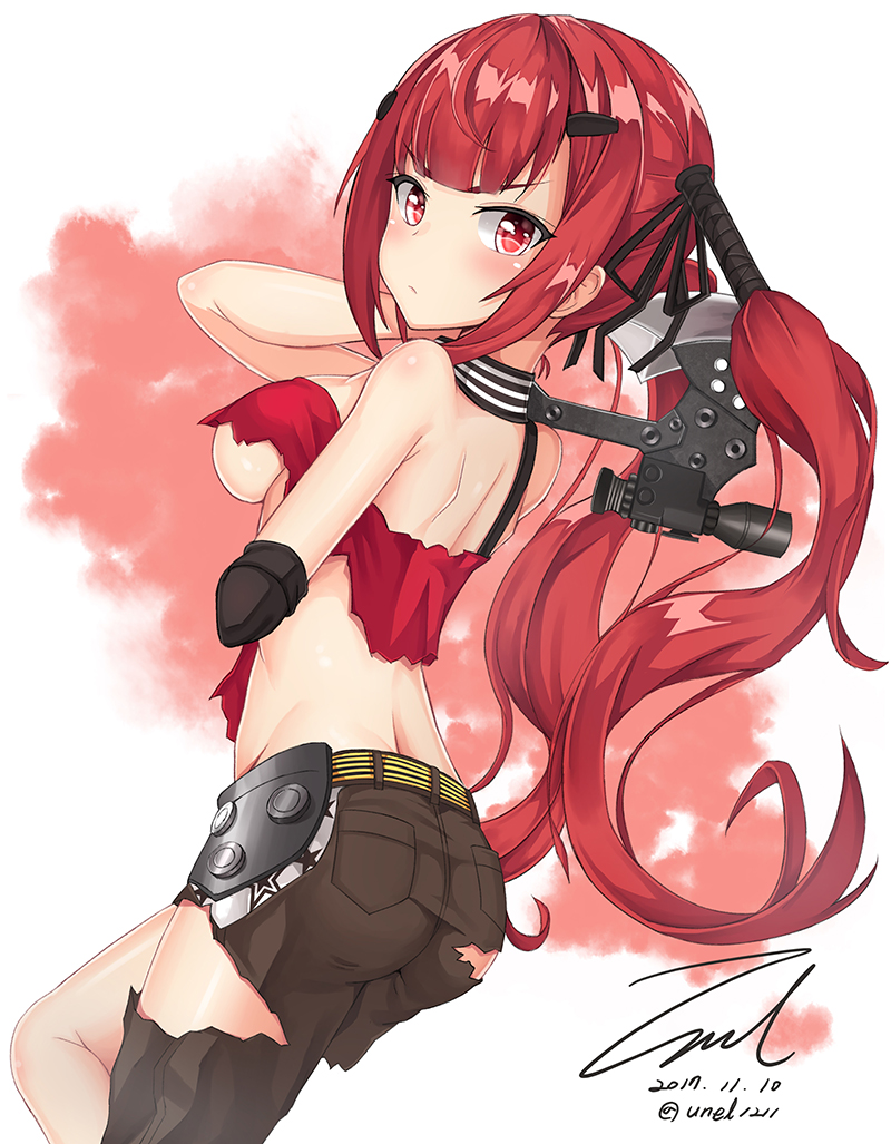 ass axe bangs bare_shoulders belt black_gloves blush breasts brown_pants closed_mouth cz-75_(girls_frontline) dated eyebrows_visible_through_hair girls_frontline gloves hair_ornament hair_ribbon hairclip holding holding_axe leg_up long_hair looking_at_viewer medium_breasts pants red_eyes red_hair ribbon scope shoulder_blades sidelocks signature simple_background sleeveless solo torn_clothes twintails twitter_username underboob unel weapon