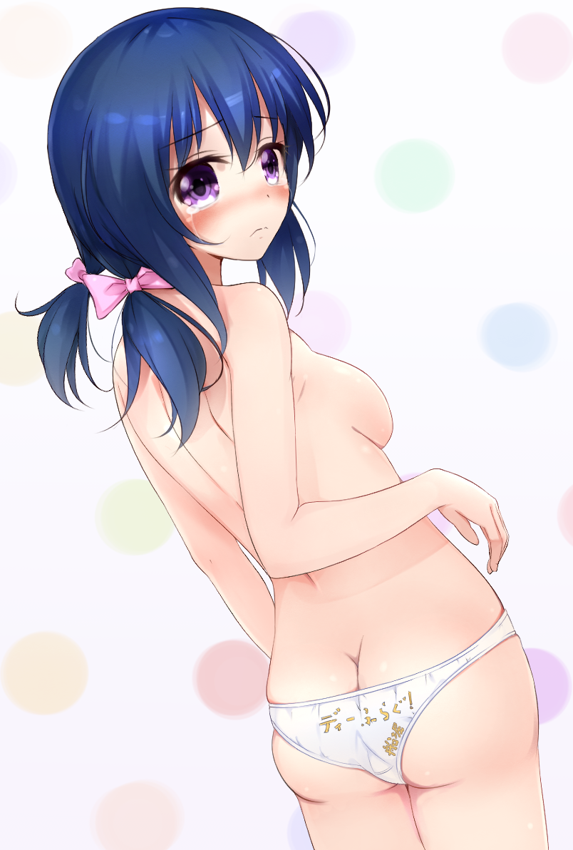 ass back bangs blue_hair blush bow breasts crying crying_with_eyes_open d-frag! doria_(5073726) eyebrows_visible_through_hair from_behind funabori hair_ornament looking_at_viewer looking_back low_twintails medium_breasts panties pantyhose_tanline pink_bow purple_eyes solo tears translation_request twintails underwear white_panties