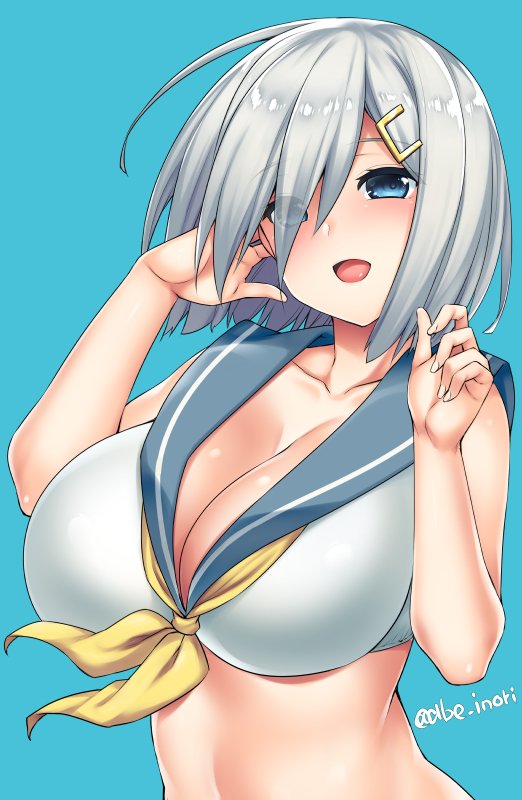 abe_inori adapted_costume adjusting_hair bare_arms blue_background blue_eyes blush breasts cleavage collarbone commentary_request hair_ornament hair_over_one_eye hairclip hamakaze_(kantai_collection) hands_up kantai_collection large_breasts looking_at_viewer midriff neckerchief open_mouth sailor_collar short_hair silver_hair simple_background smile solo upper_body white_bikini_top yellow_neckwear