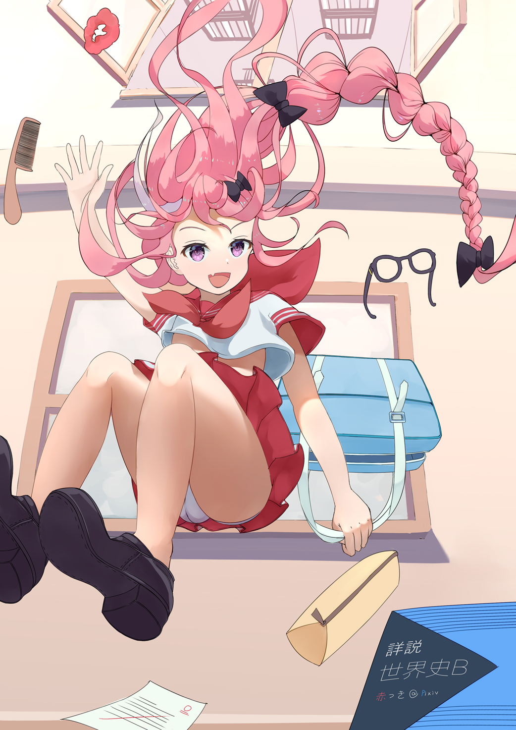 :d akatsuki_(m12778387) arm_up artist_name astolfo_(fate) bag bangs bare_legs black-framed_eyewear black_bow black_footwear bow braid comb commentary_request crop_top crop_top_overhang fang fate/apocrypha fate/grand_order fate_(series) floating floating_hair floating_object flying_paper hair_bow hair_ornament hair_scrunchie highres holding holding_bag indoors knees_up loafers long_hair looking_at_viewer male_focus miniskirt multicolored_hair neckerchief open_mouth otoko_no_ko outstretched_arm panties pantyshot paper pencil_case pink_hair pink_neckwear pleated_skirt purple_eyes raised_eyebrows red_sailor_collar red_scrunchie red_skirt sailor_collar school_uniform scrunchie serafuku shirt shoes short_sleeves shoulder_bag single_braid skirt sleeve_cuffs smile solo streaked_hair translation_request two-tone_hair underwear upshirt upskirt very_long_hair waving white_hair white_panties white_shirt