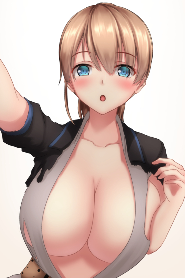 bangs blue_eyes blush breasts brown_hair cleavage collarbone commentary_request eyebrows_visible_through_hair eyes_visible_through_hair gradient gradient_background hair_between_eyes huge_breasts intrepid_(kantai_collection) kantai_collection looking_at_viewer open_mouth ponytail reaching_out shirt short_hair short_sleeves simple_background solo tapisuke torn_clothes