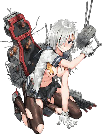 banned_artist black_legwear blue_eyes breasts gloves hair_ornament hair_over_one_eye hairclip hamakaze_(kantai_collection) kantai_collection large_breasts lowres machinery navel official_art pantyhose paseri pleated_skirt school_uniform serafuku short_hair silver_hair skirt tears torn_clothes torn_legwear transparent_background white_gloves