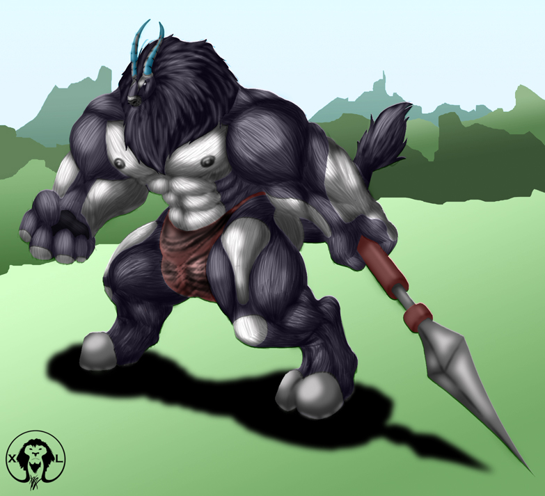 abs antelope big_bulge big_hands big_muscles big_pecs big_tail bulge clothing cloven_hooves feline hairy hooves horn huge_bulge hybrid hyper hyper_muscles lion male mammal melee_weapon muscular nipples oryx pecs polearm small_head solo spear thick_thighs underwear weapon xatanlion