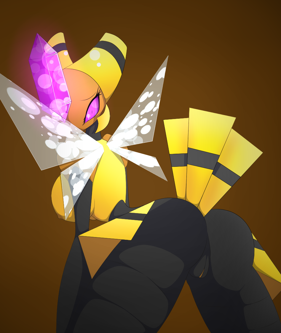anthro arthropod bee big_breasts blush breasts butt clitoris digital_media_(artwork) female insect insect_wings isabelle_(r-mk) looking_at_viewer looking_back nintendo nipples nude pok&eacute;mon pok&eacute;mon_(species) presenting presenting_hindquarters pussy r-mk rear_view simple_background solo spreading thick_thighs vespiquen video_games wings