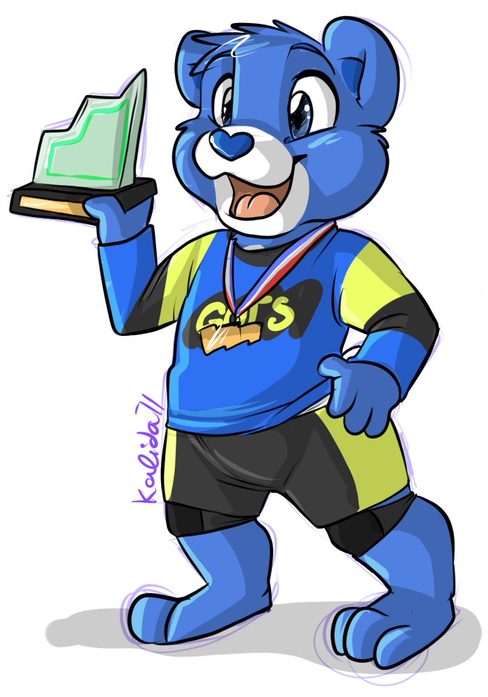 2011 3_toes 4_fingers anthro award bear bedtime_bear blue_eyes blue_nose care_bears cheek_tuft clothed clothing crossover cub digital_drawing_(artwork) digital_media_(artwork) hand_on_hip head_tuft holding_object kalida knee_pads mammal medal nickelodeon nickelodeon_guts open_mouth open_smile signature smile solo standing toes trophy tuft young