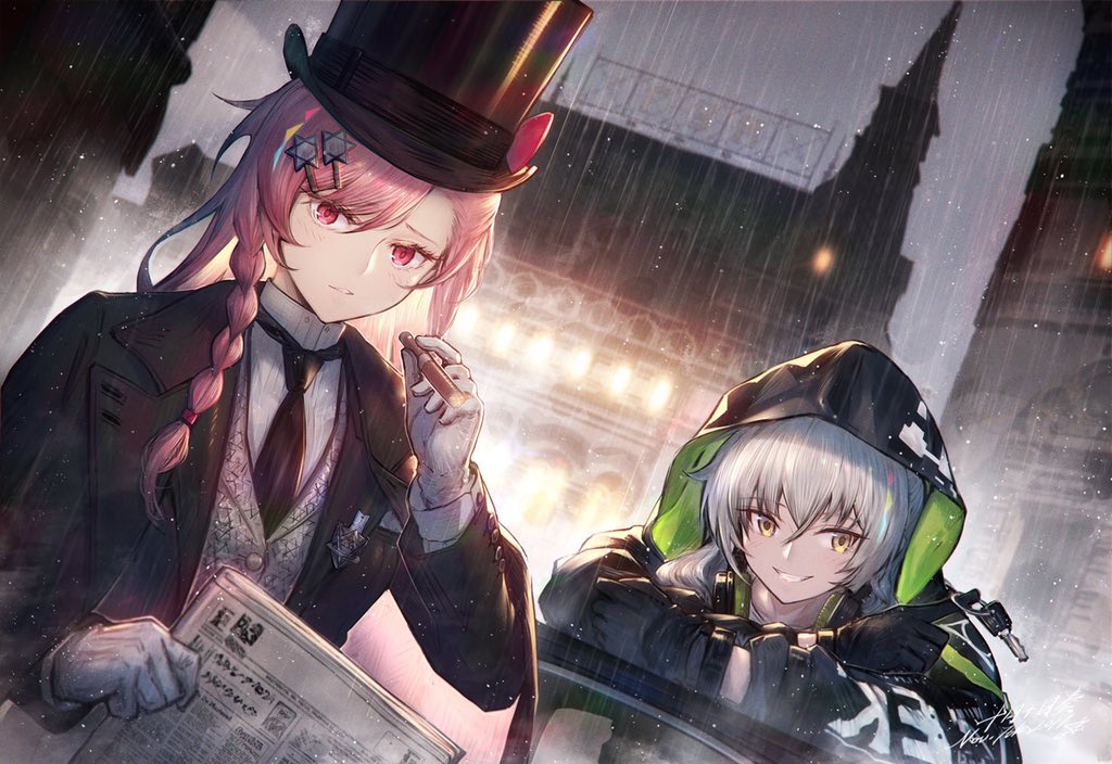aek-999_(girls_frontline) alternate_costume badge bangs black_jacket black_neckwear blush bow braid buttons cigar city_lights cityscape clothes_writing collared_shirt commentary_request girls_frontline gloves grey_hair hair_ornament hair_over_shoulder hairclip hat headphones headphones_around_neck heiwari_kanade hexagram holding holding_cigar hood hooded_jacket jacket key leaning_on_object light long_hair looking_at_viewer multiple_girls necktie negev_(girls_frontline) newspaper night open_clothes open_jacket parted_lips pink_hair rain red_bow red_eyes shirt sidelocks signature silver_hair smile star_of_david striped striped_shirt swirling top_hat vest white_gloves white_shirt yellow_eyes