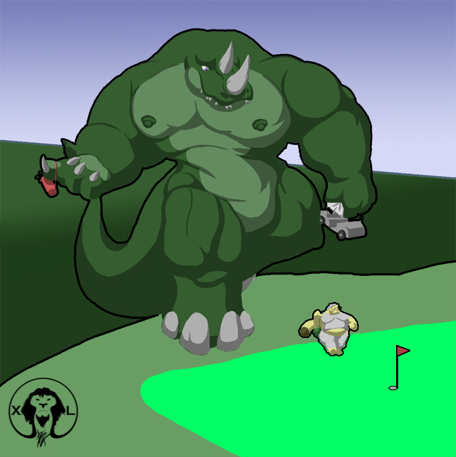 alligator anthro big_muscles big_tail cat crocodilian duo erect_nipples feline golf golf_cart golf_clubs golf_course hooves horn hybrid macro mammal muscular nipples overweight putting_green reptile rhinoceros scalie thick_arms thick_thighs xatanlion