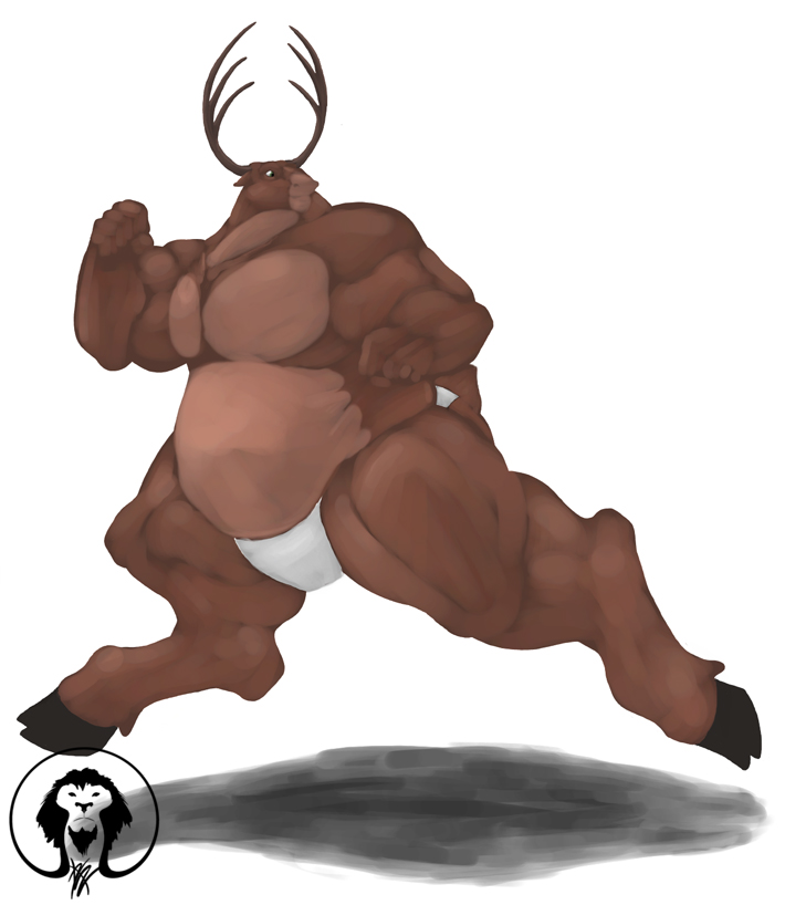 antlers belly biceps big_muscles big_pecs big_thighs cervine clothing cloven_hooves deer hooves horn huge_muscles looking_back male mammal muscular muscular_male overweight pecs running small_head smile thick_neck thick_thighs triceps underwear xatanlion