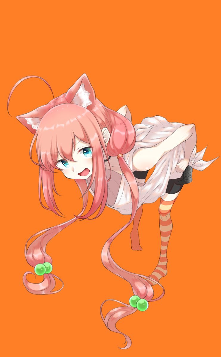ahoge animal_ears bent_over bike_shorts blue_eyes cat_ears controller downblouse elasia flat_chest game_controller hair_bobbles hair_ornament hands_on_hips highres hinata_channel long_hair low_twintails mismatched_legwear nekomiya_hinata open_mouth orange_background orange_legwear pink_hair shorts simple_background smile solo striped striped_legwear thighhighs twintails very_long_hair vest virtual_youtuber white_vest