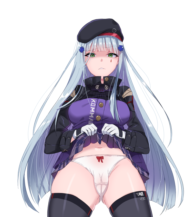 ass_visible_through_thighs bangs beret black_legwear blunt_bangs bow bow_panties breasts buttons clothes_writing commentary_request crotch_seam disdain eyebrows_visible_through_hair facepaint from_below girls_frontline gloves green_eyes hair_ornament half-closed_eyes hat hk416_(girls_frontline) long_hair looking_at_viewer medium_breasts navel panties parted_lips plaid plaid_skirt shaded_face silver_hair skirt skirt_lift solo stomach takanaru teardrop thighhighs thighs underwear white_gloves white_panties
