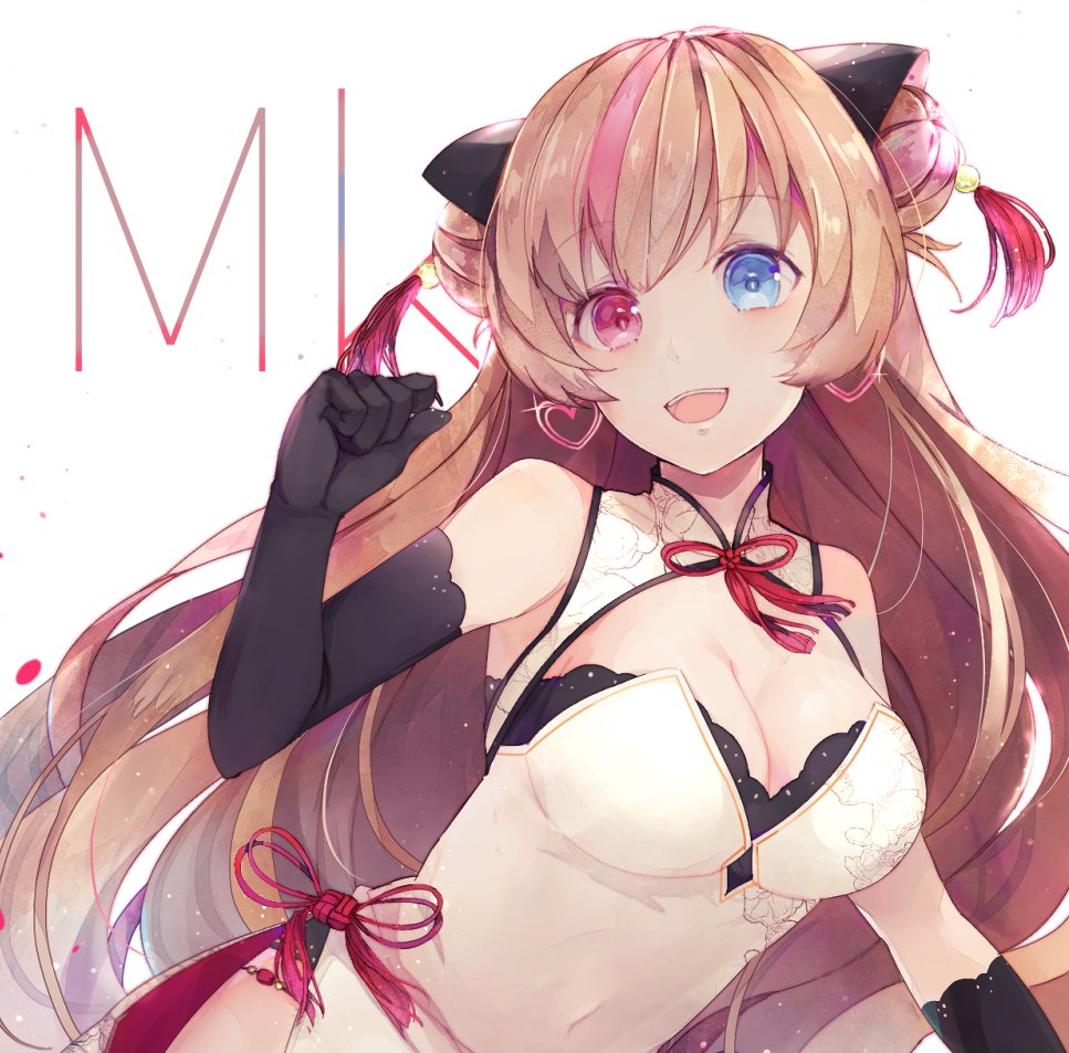 ahoge alternate_costume bangs bare_shoulders black_bra black_gloves black_panties blue_eyes blush bra breasts brown_hair character_name china_dress chinese_clothes cleavage clenched_hand covered_navel double_bun dress earrings elbow_gloves eyebrows_visible_through_hair girls_frontline gloves hair_between_eyes hair_ornament hand_up heart heart_earrings heterochromia jewelry large_breasts light_particles long_hair looking_at_viewer mk_23_(girls_frontline) multicolored_hair open_mouth panties red_eyes side_slit simple_background smile solo sparkle streaked_hair tassel underwear very_long_hair white_background yellow_eyes yuizayomiya