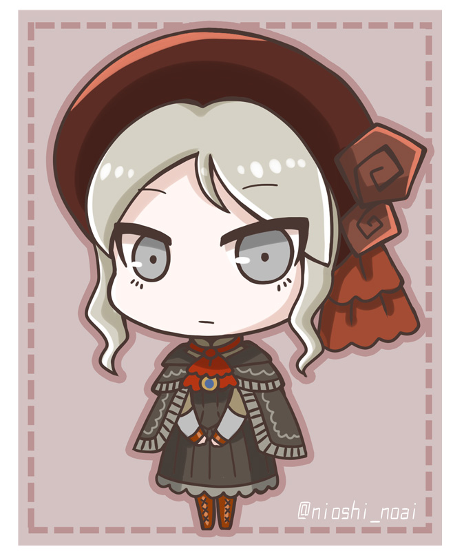 ascot bangs beret black_capelet black_dress bloodborne boots brown_footwear brown_hat capelet chibi closed_mouth commentary cross-laced_footwear dotted_line dress eyebrows_visible_through_hair full_body grey_eyes grey_hair hat knee_boots lace-up_boots long_sleeves looking_at_viewer noai_nioshi plain_doll red_neckwear solo standing twitter_username