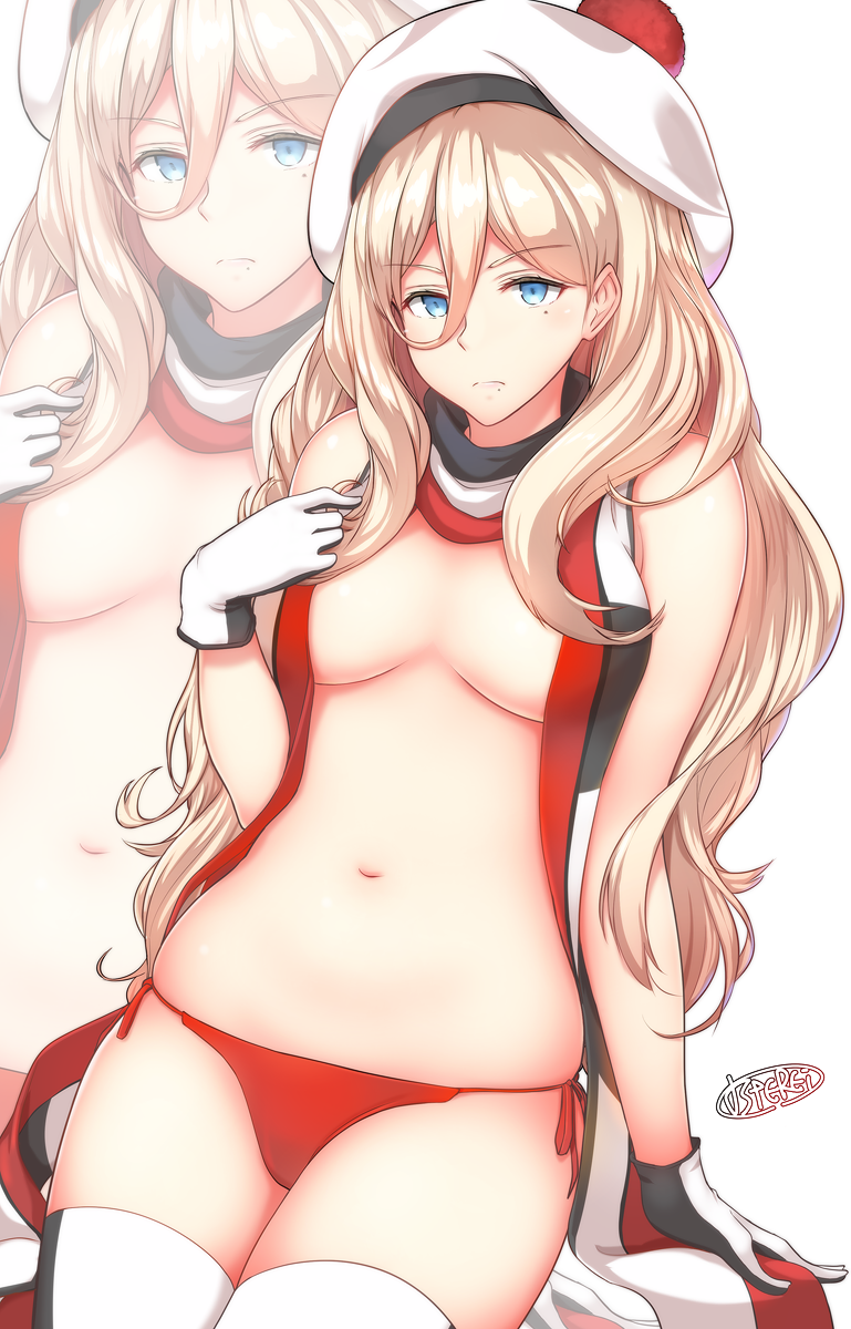 arm_at_side artist_name blonde_hair blue_eyes bobblehat breasts breasts_apart closed_mouth eyebrows_visible_through_hair frown gloves hair_between_eyes hair_twirling hat highres kantai_collection lips long_hair looking_at_viewer medium_breasts mole mole_under_eye mole_under_mouth multicolored multicolored_clothes multicolored_scarf navel osterei panties red_panties red_ribbon ribbon richelieu_(kantai_collection) scarf scarf_over_breasts shiny shiny_hair side-tie_panties simple_background sitting skindentation solo stomach thighhighs topless underwear v-shaped_eyebrows very_long_hair white_background white_gloves white_hat white_legwear zoom_layer