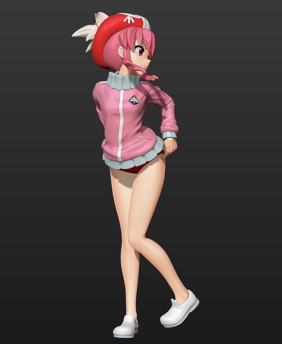 10s 1girl adjusting_buruma adjusting_clothes arms_behind_back bangs bare_legs beret breasts buruma buruma_pull curvy female from_side hat hat_feather highres jacket jakuzure_nonon kill_la_kill leaning_forward long_sleeves looking_at_viewer looking_back pink_eyes pink_hair shiny simple_background single_vertical_stripe skull_print small_breasts smile sneakers solo standing standing_on_one_leg track_jacket
