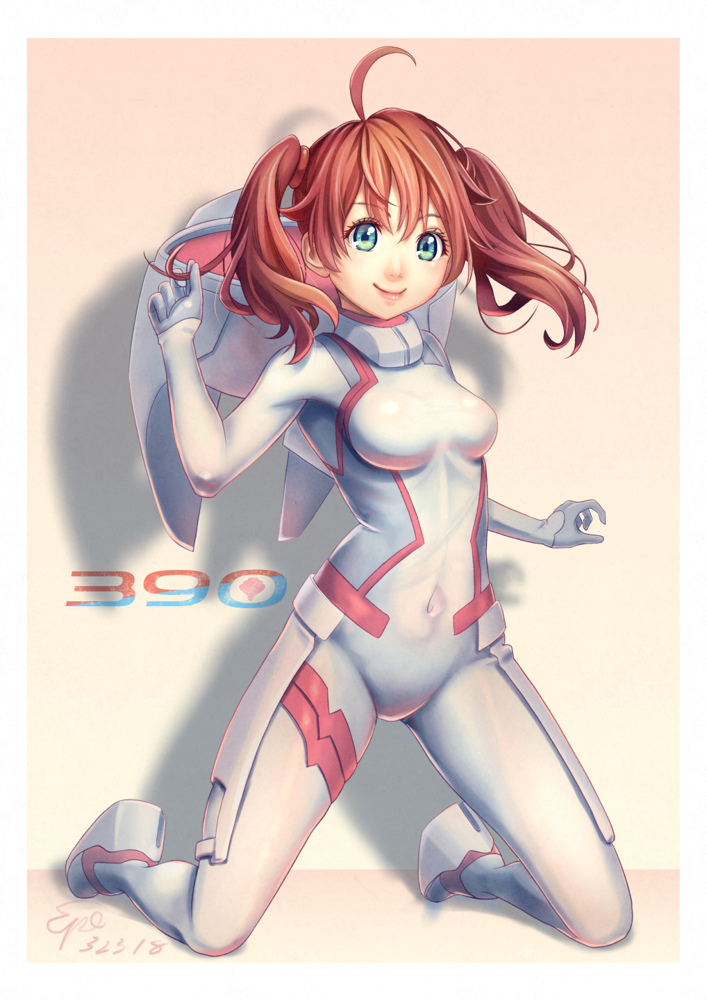 ahoge artist_name bodysuit breasts closed_mouth commentary_request covered_navel darling_in_the_franxx dated green_eyes highres kneeling looking_at_viewer medium_breasts miku_(darling_in_the_franxx) pilot_suit red_hair short_hair smile solo twintails white_bodysuit yudoufu_(unify)