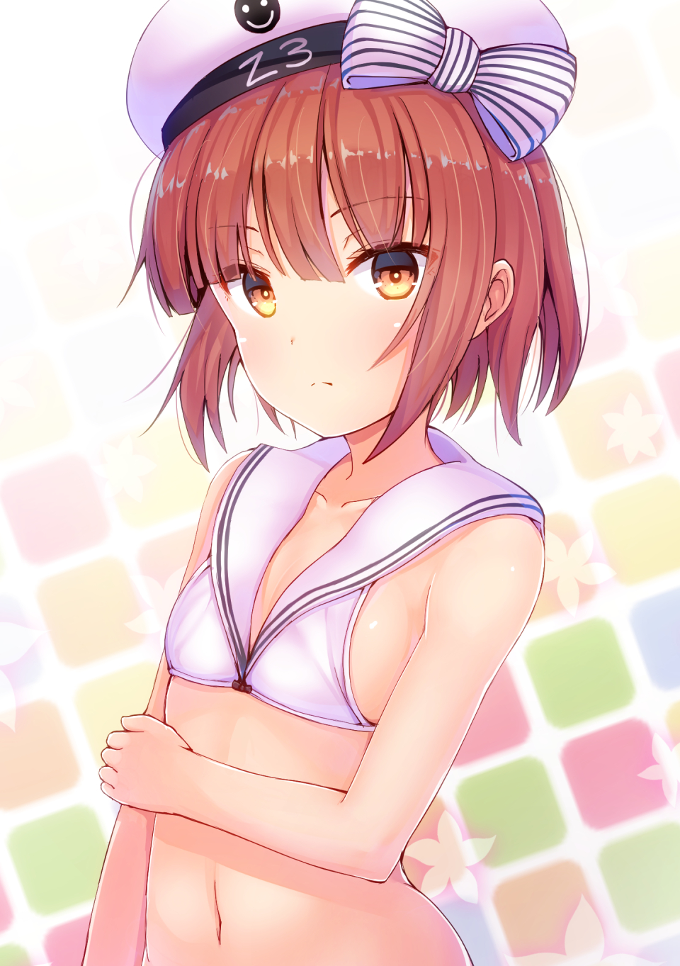 bangs bare_shoulders bikini blunt_bangs blush bow bright_pupils brown_eyes character_name closed_mouth clothes_writing cloud collarbone expressive_clothes eyebrows_visible_through_hair gradient gradient_background hand_on_own_arm hat hat_bow highres kantai_collection looking_at_viewer minarai_shachou multicolored multicolored_background multicolored_eyes navel orange_eyes sailor_bikini sailor_collar sailor_hat shiny shiny_hair shiny_skin short_hair solo stomach striped striped_bow swimsuit upper_body white_bikini white_hat white_sailor_collar yellow_eyes z3_max_schultz_(kantai_collection)