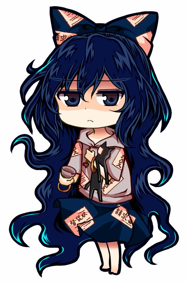 aura bangle barefoot blue_bow blue_eyes blue_hair blue_skirt bow bowl bracelet chibi commentary_request dark_blue_hair debt drawstring eyebrows_visible_through_hair frown full_body grey_jacket hair_bow holding holding_bowl hood hooded_jacket jacket jewelry jitome long_hair looking_at_viewer messy_hair shaded_face simple_background skirt solo standing stuffed_animal stuffed_cat stuffed_toy touhou white_background yorigami_shion zetsumame