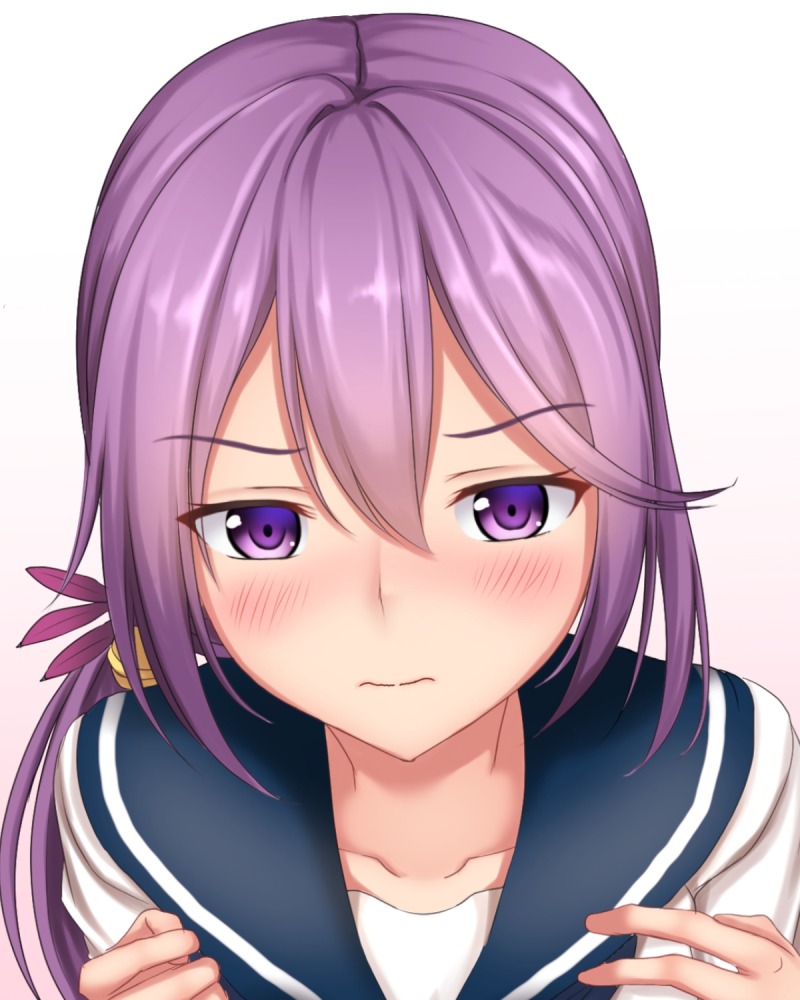 akebono_(kantai_collection) bad_id bad_pixiv_id bangs bell blush closed_mouth collarbone commentary_request eyebrows_visible_through_hair eyes_visible_through_hair flower hair_bell hair_between_eyes hair_flower hair_ornament hands_up jingle_bell kantai_collection long_hair looking_at_viewer purple_eyes purple_hair school_uniform serafuku short_sleeves side_ponytail sidelocks solo tapisuke very_long_hair