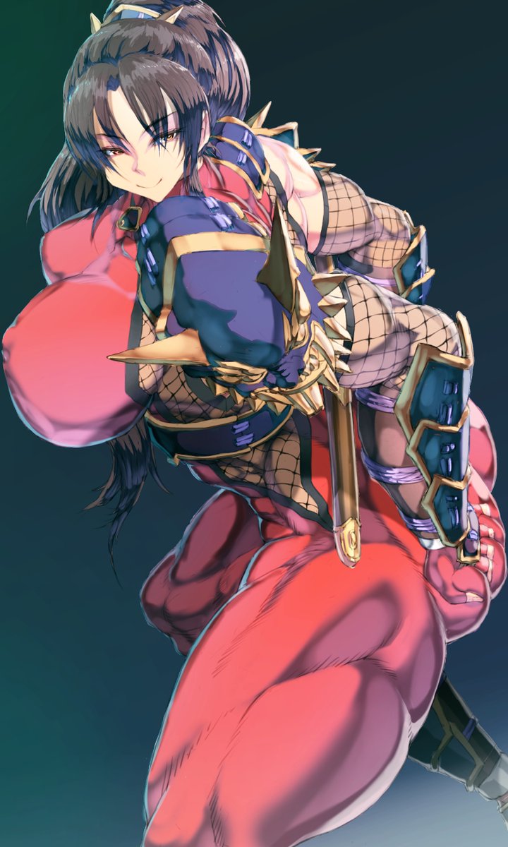 1girl armor ass_grab bodysuit breasts brown_hair from_side grabbing_own_ass huge_breasts jin-jin long_hair muscle muscular_female ninja ponytail skin_tight smile solo soul_calibur taki_(soulcalibur) thick_thighs
