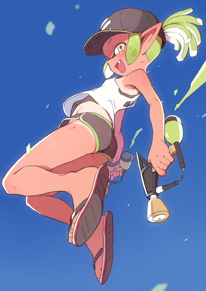 ass baseball_cap blue_sky commentary_request day dual_wielding face_mask fang full_body green_hair hat holding inkling looking_at_viewer mask midair midriff one-piece_tan open_mouth pointy_ears ponytail sandals short_shorts shorts sky sleeveless solo splat_dualies_(splatoon) splatoon_(series) sweat tan tank_top tanline tentacle_hair toes toku_(ke7416613) undershirt