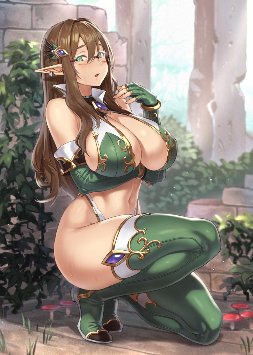 arm_under_breasts bangs bare_shoulders blush boots breast_hold breasts brown_hair brown_haired_glasses_elf_(houtengeki) cleavage commentary day earrings elbow_gloves elf fingerless_gloves fingernails glasses gloves green_eyes hair_ornament highres houtengeki jewelry kneeling large_breasts long_hair looking_at_viewer navel open_mouth original outdoors pointy_ears revealing_clothes rimless_eyewear shiny shiny_skin sleeveless solo thigh_boots thighhighs thighs