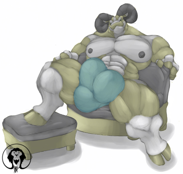 balls biceps big_bulge big_muscles big_pecs bulge caprine chair clothing cloven_hooves curved_horns footstool goat hooves horn hyper male mammal muscular nipples ottoman pecs pose relaxing smile smirk solo thick_thighs underwear xatanlion