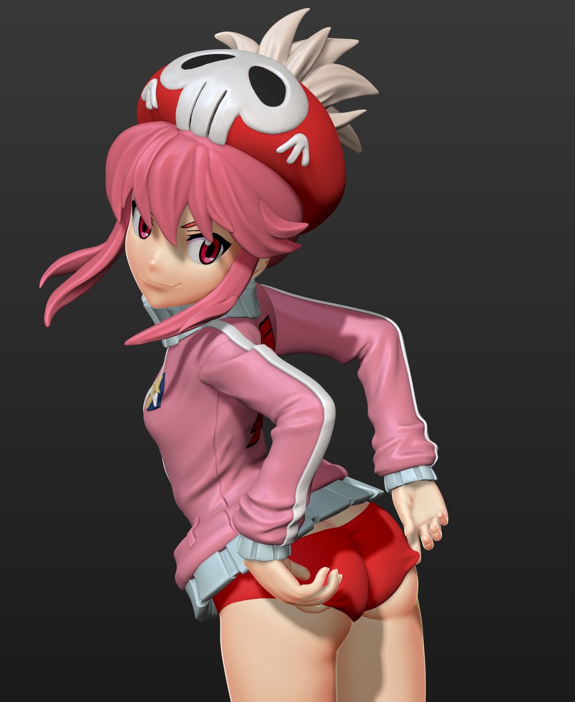10s 1girl adjusting_buruma adjusting_clothes arms_behind_back ass bangs bare_legs beret breasts buruma buruma_pull curvy female from_side hat hat_feather highres jacket jakuzure_nonon kill_la_kill leaning_forward long_sleeves looking_at_viewer looking_back pink_eyes pink_hair shiny simple_background single_vertical_stripe skull_print small_breasts smile sneakers solo standing standing_on_one_leg track_jacket