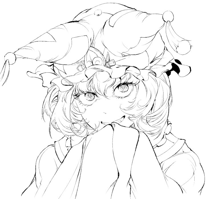 :d commentary_request dress eyelashes greyscale grin hair_between_eyes hands_together hat hiyuu_(flying_bear) looking_at_viewer monochrome open_mouth pillow_hat short_hair simple_background sleeves_past_fingers sleeves_past_wrists smile solo tassel teeth touhou upper_body wide_sleeves yakumo_ran