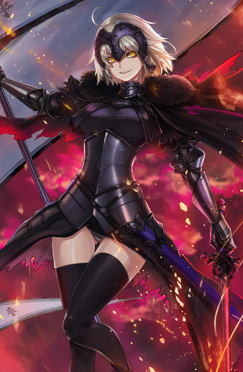 ahoge armor armored_dress ass_visible_through_thighs bangs black_legwear blonde_hair boots breasts cropped elbow_gloves eyebrows_visible_through_hair fate/grand_order fate_(series) fire flag gloves hair_between_eyes highres holding holding_flag jeanne_d'arc_(alter)_(fate) jeanne_d'arc_(fate)_(all) long_hair long_sleeves looking_at_viewer md5_mismatch medium_breasts mhg_(hellma) short_hair smile solo thighhighs yellow_eyes