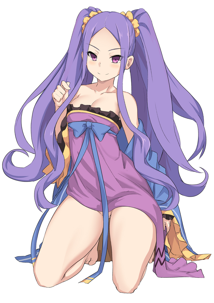 ass_visible_through_thighs bangs bare_shoulders barefoot blush bow breasts collarbone convenient_censoring dress eyebrows_visible_through_hair fate/grand_order fate_(series) forehead hair_ornament hair_scrunchie kneeling long_hair looking_at_viewer no_panties orange_scrunchie parted_bangs purple_dress purple_eyes purple_hair ribbon scrunchie shiseki_hirame simple_background small_breasts smile solo strapless strapless_dress twintails very_long_hair white_background wu_zetian_(fate/grand_order)