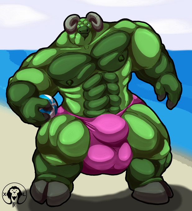 abs ball beach_ball big_bulge big_muscles big_pecs bulge caprine clothing cloven_hooves curved_horns hooves horn hyper hyper_bulge inflatable male mammal muscular nipples pecs pool_toy small_head solo thick_arms thick_thighs tight_underwear underwear xatanlion