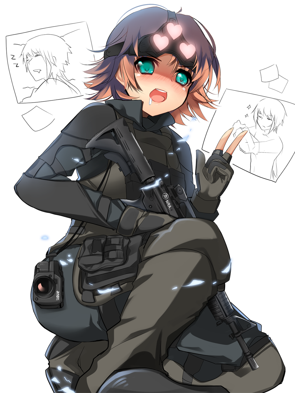 1girl ammunition_pouch artist_request assault_rifle blue_eyes boots camera drooling fingerless_gloves gloves gun heart highres lie_ren load_bearing_equipment m4_carbine night_vision_device nora_valkyrie one_knee pouch red_hair rifle rwby short_hair source_request tactical_clothes v weapon