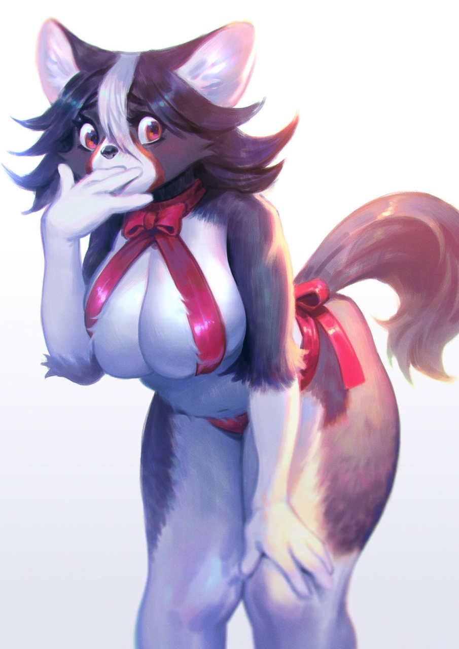 2017 4_fingers anthro aruurara big_breasts bikini black_nose breasts brown_fur brown_hair canine cleavage clothed clothing covering_mouth eyelashes female front_view fur gift_wrapped hair hi_res leaning leaning_forward looking_aside mammal multicolored_fur portrait red_eyes ribbons simple_background skimpy solo standing swimsuit three-quarter_portrait two_tone_fur white_background white_fur