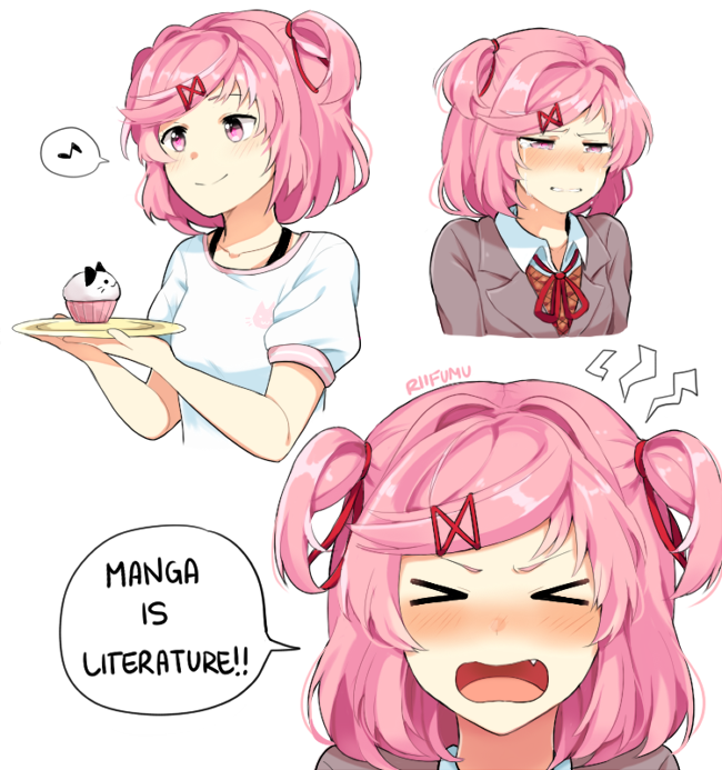 &gt;_&lt; animal_print artist_name bangs blazer blush casual cat_print closed_eyes closed_mouth collarbone commentary crying crying_with_eyes_open cupcake d: doki_doki_literature_club dx english_commentary facing_viewer fang food grey_jacket hair_ornament hairclip half-closed_eyes holding holding_plate jacket long_sleeves looking_to_the_side multiple_views musical_note natsuki_(doki_doki_literature_club) no_legs nose_blush open_mouth pink_eyes pink_hair plate portrait ribbon riifumu school_uniform shirt short_hair short_sleeves simple_background smile source_quote speech_bubble spoken_musical_note tears two_side_up upper_body wavy_mouth white_background white_shirt wing_collar