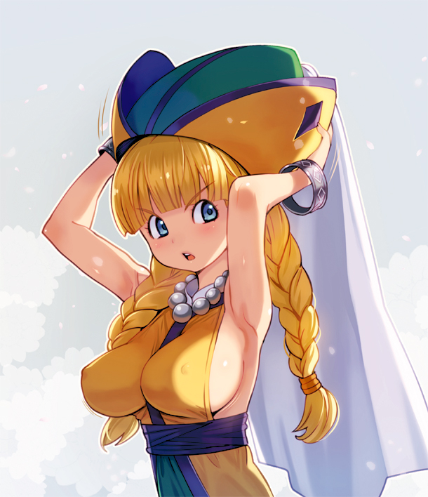 alternate_breast_size armpits arms_up bangle bangs blonde_hair blue_eyes blunt_bangs blush bracelet braid breasts covered_nipples dragon_quest dragon_quest_xi dress eyebrows_visible_through_hair hair_over_shoulder hair_tie hands_on_headwear hat jewelry large_breasts long_hair looking_at_viewer motion_lines multicolored multicolored_clothes multicolored_hat necklace open_mouth pearl_necklace ryoji_(nomura_ryouji) sash shiny shiny_skin sideboob sleeveless sleeveless_dress solo twin_braids two-tone_background upper_body v-shaped_eyebrows veil veronica_(dq11) yellow_dress