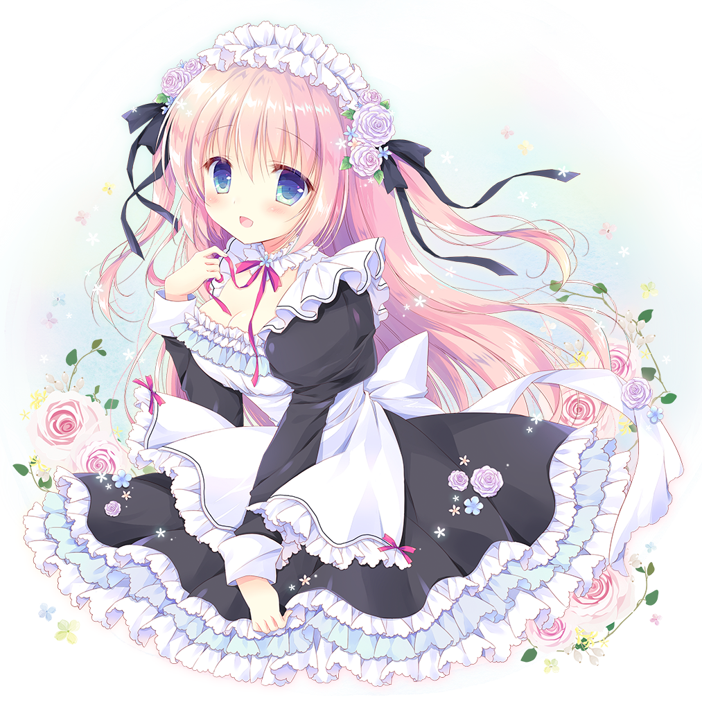 :d bangs black_bow black_dress blue_eyes blush bow breasts cleavage commentary_request dress eyebrows_visible_through_hair flower frilled_dress frills hair_between_eyes hair_bow hasekura_chiaki juliet_sleeves long_hair long_sleeves looking_at_viewer maid maid_headdress medium_breasts open_mouth original pink_flower pink_hair pink_rose puffy_sleeves rose smile solo two_side_up very_long_hair