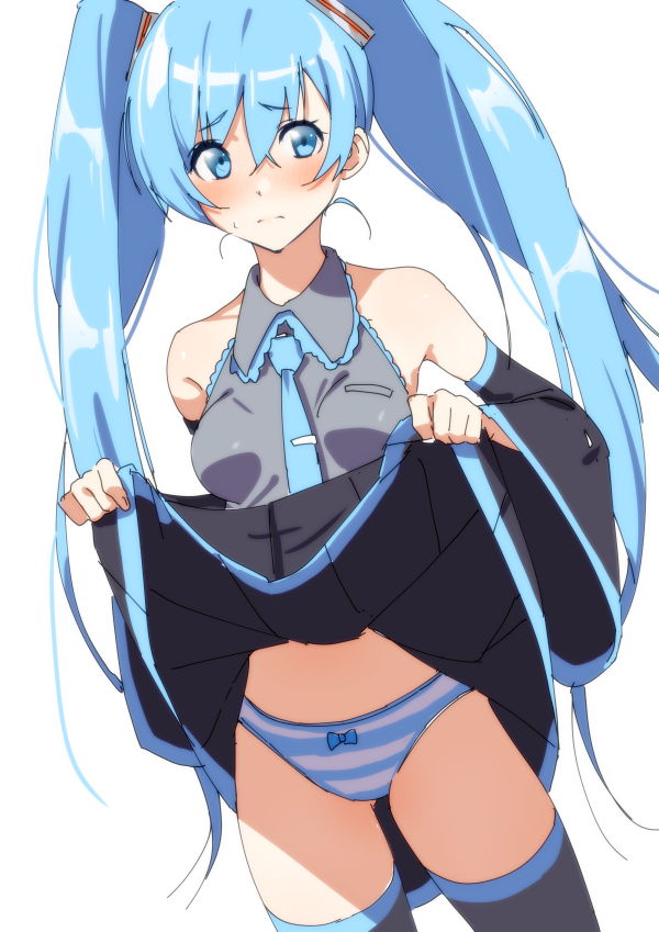 ass_visible_through_thighs bad_id bad_pixiv_id bare_shoulders blue_eyes blue_hair blue_neckwear blush bow bow_panties breasts detached_sleeves eyebrows_visible_through_hair feet_out_of_frame hair_between_eyes hair_ornament hatsune_miku lifted_by_self long_hair looking_at_viewer necktie panties senjitsu_musou simple_background skirt skirt_lift small_breasts solo striped striped_panties thighhighs tie_clip twintails underwear very_long_hair vocaloid white_background wide_sleeves