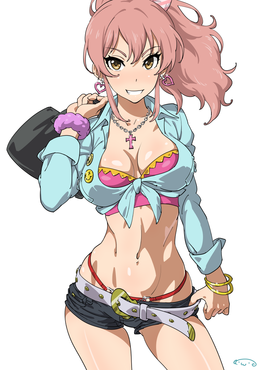 bag belt bracelet breasts cleavage commentary_request cross earrings eyebrows_visible_through_hair front-tie_top grin heart heart_earrings highres holding holding_bag idolmaster idolmaster_cinderella_girls jewelry jougasaki_mika legs_apart looking_at_viewer medium_breasts midriff navel necklace parted_lips pendant pink_hair purple_scrunchie revision scrunchie shiny shiny_skin shirt short_shorts shorts simple_background smile solo standing suna thong tied_shirt white_background wrist_scrunchie