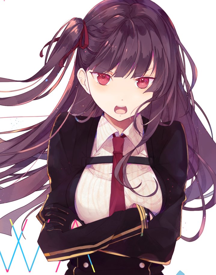 bangs black_gloves blunt_bangs blush breasts buttons character_name collared_shirt commentary_request crossed_arms eyebrows_visible_through_hair floating_hair girls_frontline gloves hair_ribbon half_updo large_breasts light_particles long_hair looking_at_viewer necktie one_side_up open_mouth purple_hair red_eyes red_neckwear ribbon shirt sidelocks simple_background solo striped striped_shirt tsurime very_long_hair wa2000_(girls_frontline) white_background yuizayomiya